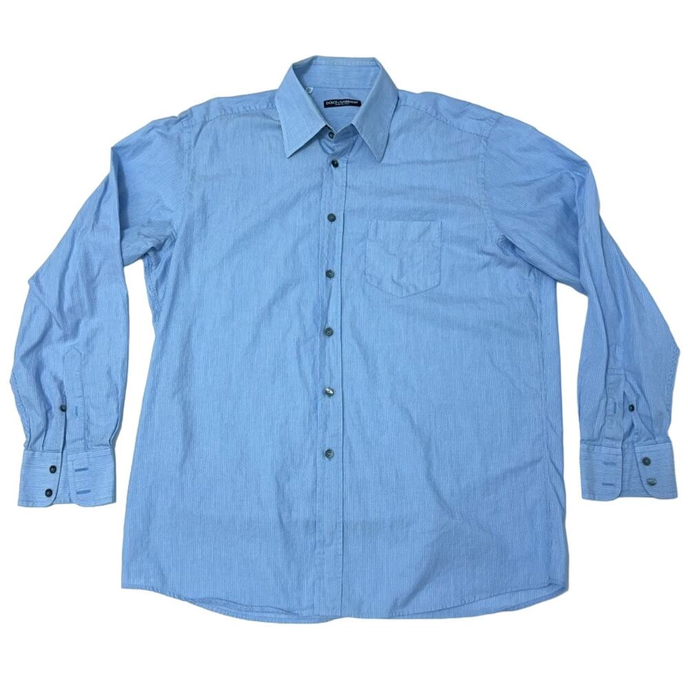 Dolce Gabbana Mens 16.5 42 Blue Stripe Dress Shirt Long Sleeve Button Down Italy
